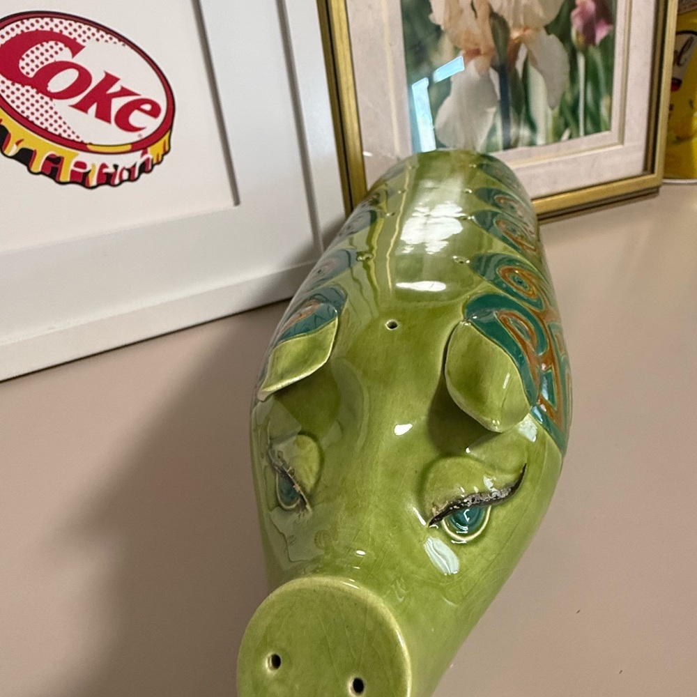 Green Ceramic Decorative Pig Figurine with Teal Accents - Picture 7 of 16